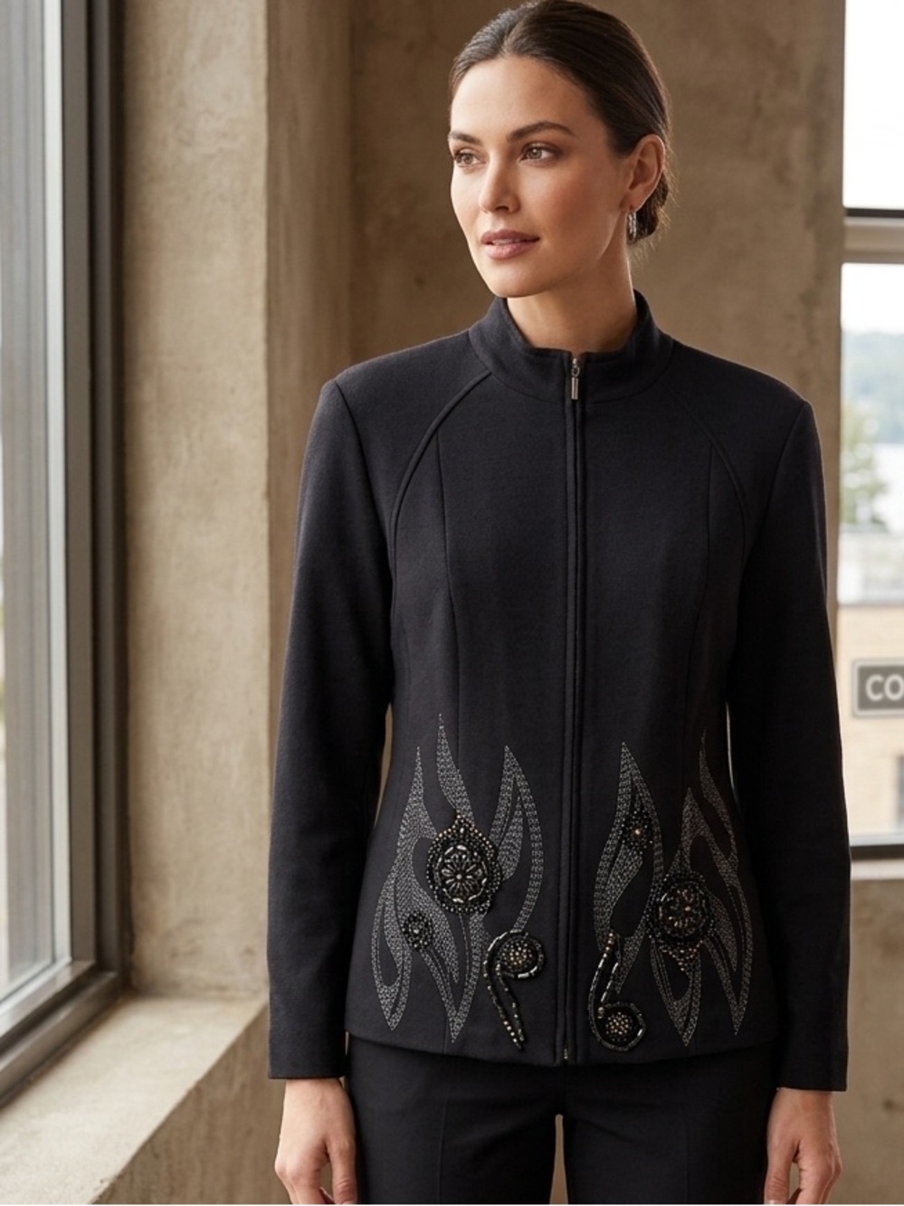 Tribal Black Embellished Zip-Front Blazer Jacket Sz 10